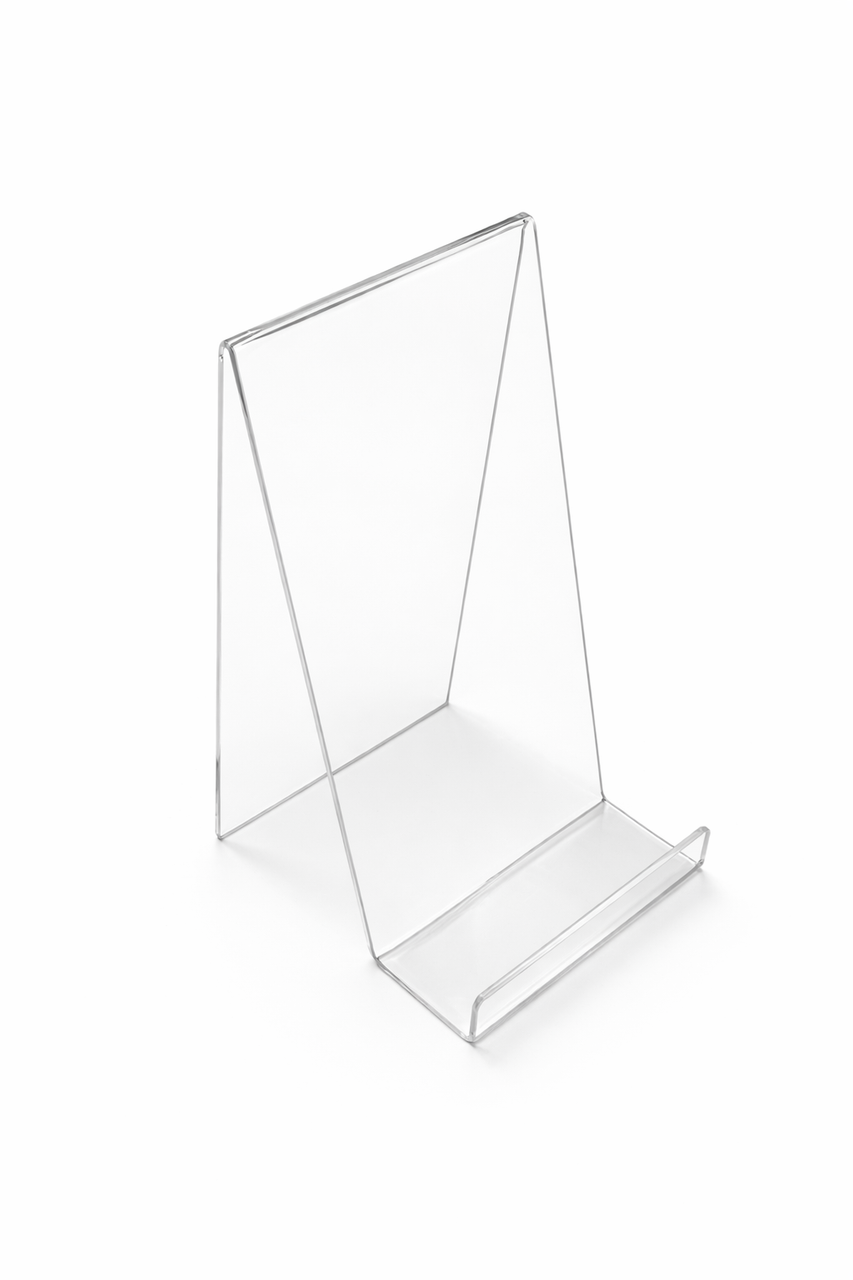 Clear Acrylic Book Display Stand / Easel with Lip – 75mm Wide – Brochure, Menu & Postcard Holder