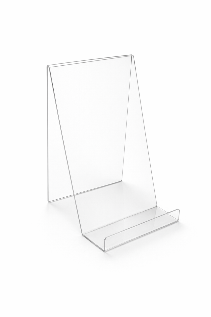 Clear Acrylic Book Display Stand / Easel with Lip – 75mm Wide – Brochure, Menu & Postcard Holder