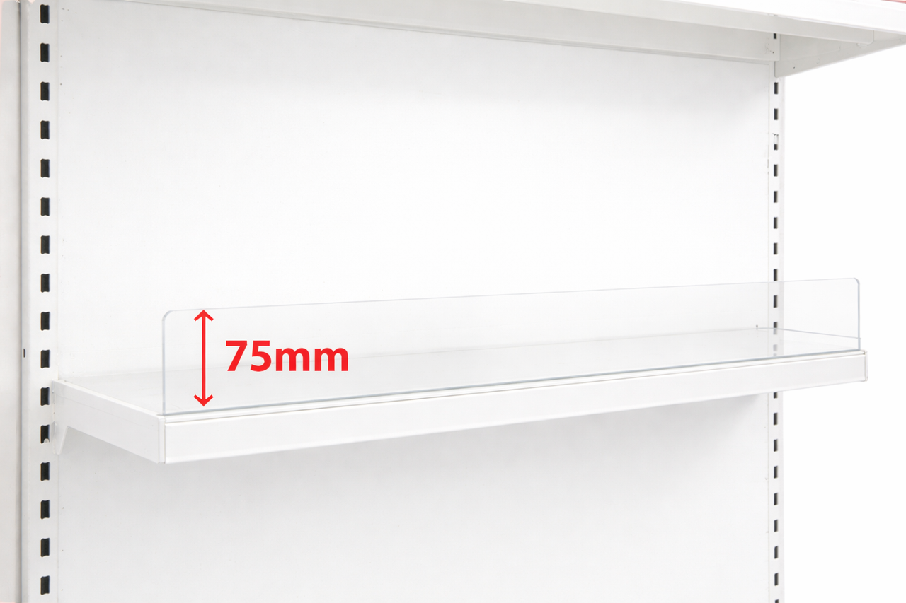 Acrylic Shelf Riser – Clear Retail Shelf Front Divider (35mm or 75mm Exposed)