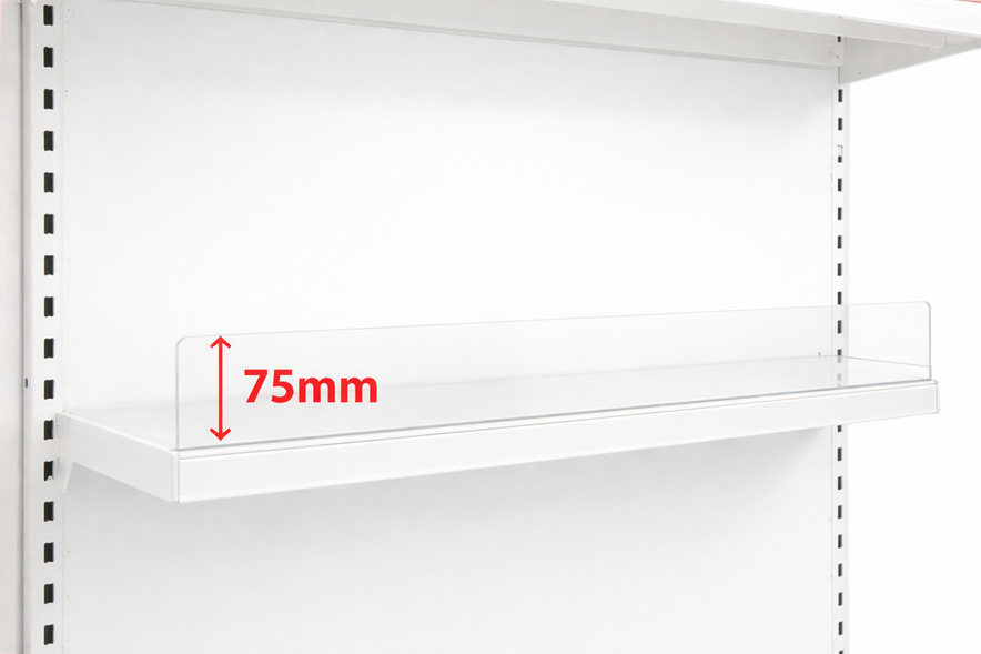 Acrylic Shelf Riser – Clear Retail Shelf Front Divider (35mm or 75mm Exposed)