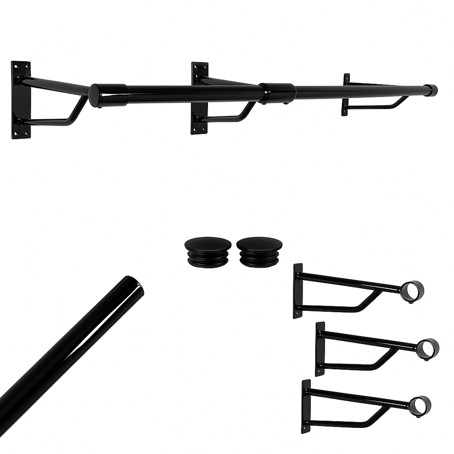 10ft Black Steel Clothes Rail – Heavy-Duty Wall Mounted Hanging Rail with 3 Brackets – Stylish & Strong for Home or Retail