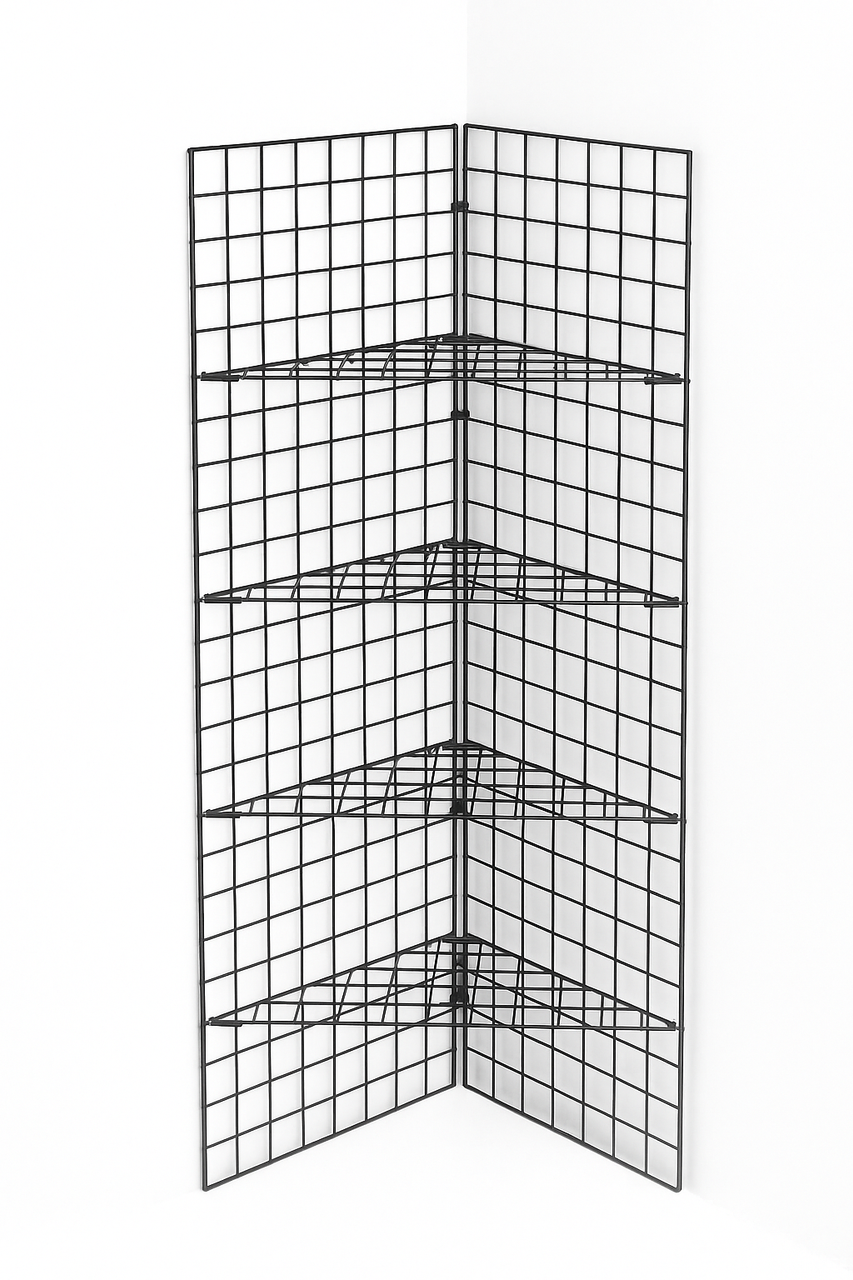 6ft Black /Chrome Corner Grid Mesh Display Unit With 4 Shelves– Heavy Duty