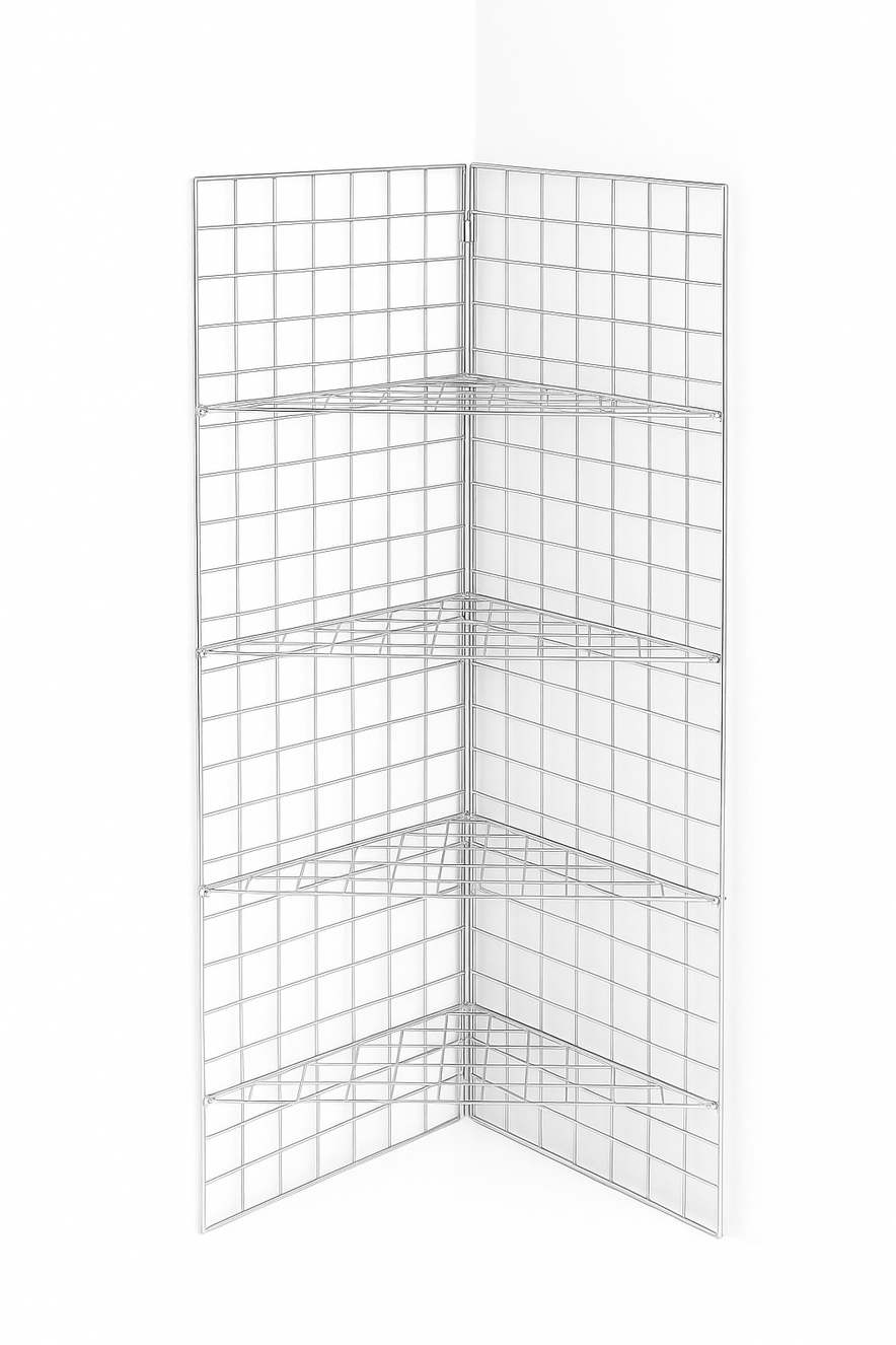 6ft Black /Chrome Corner Grid Mesh Display Unit With 4 Shelves– Heavy Duty