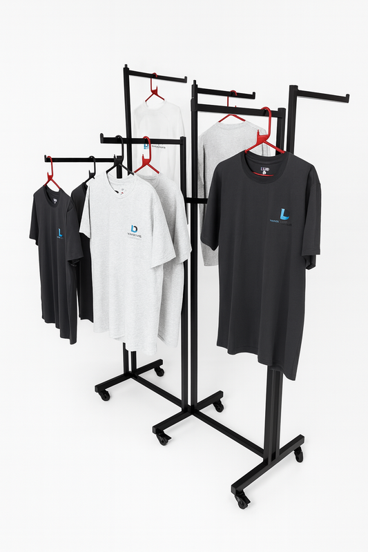 Heavy Duty 6-Way Straight Arm Clothing Rail – Adjustable Black Retail Display Stand with Castors & Brakes