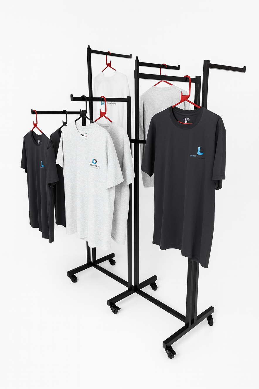Heavy Duty 6-Way Straight Arm Clothing Rail – Adjustable Black Retail Display Stand with Castors & Brakes