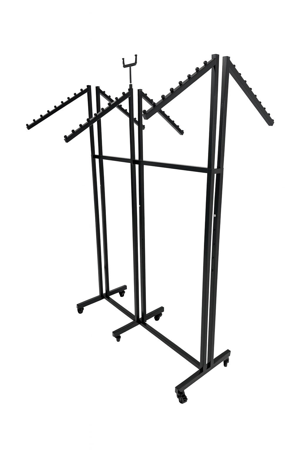 Heavy Duty 6-Way Waterfall Arm Clothing Rail – Adjustable Black Retail Display Stand  with Castors & Brakes