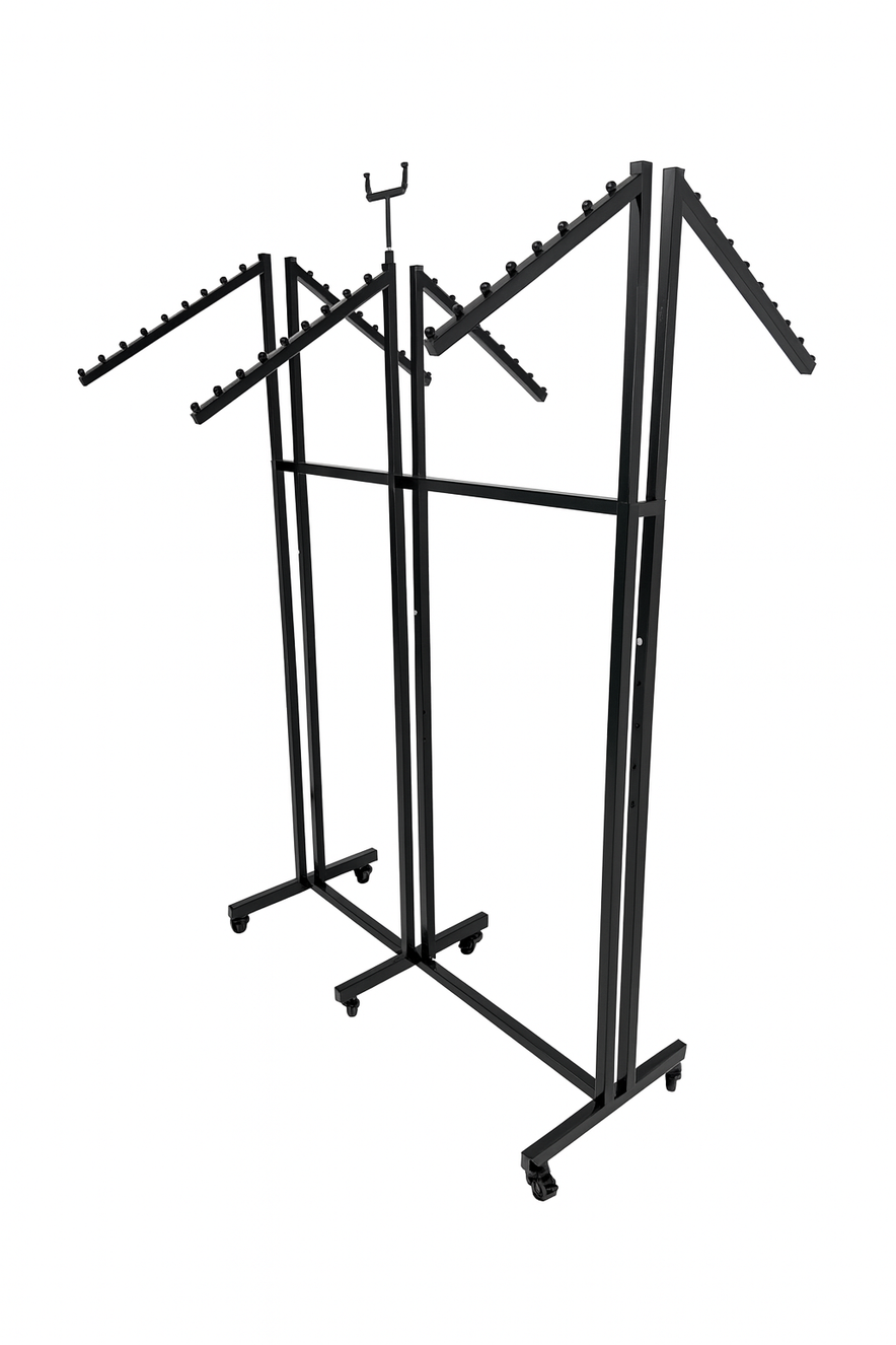 Heavy Duty 6-Way Waterfall Arm Clothing Rail – Adjustable Black Retail Display Stand  with Castors & Brakes