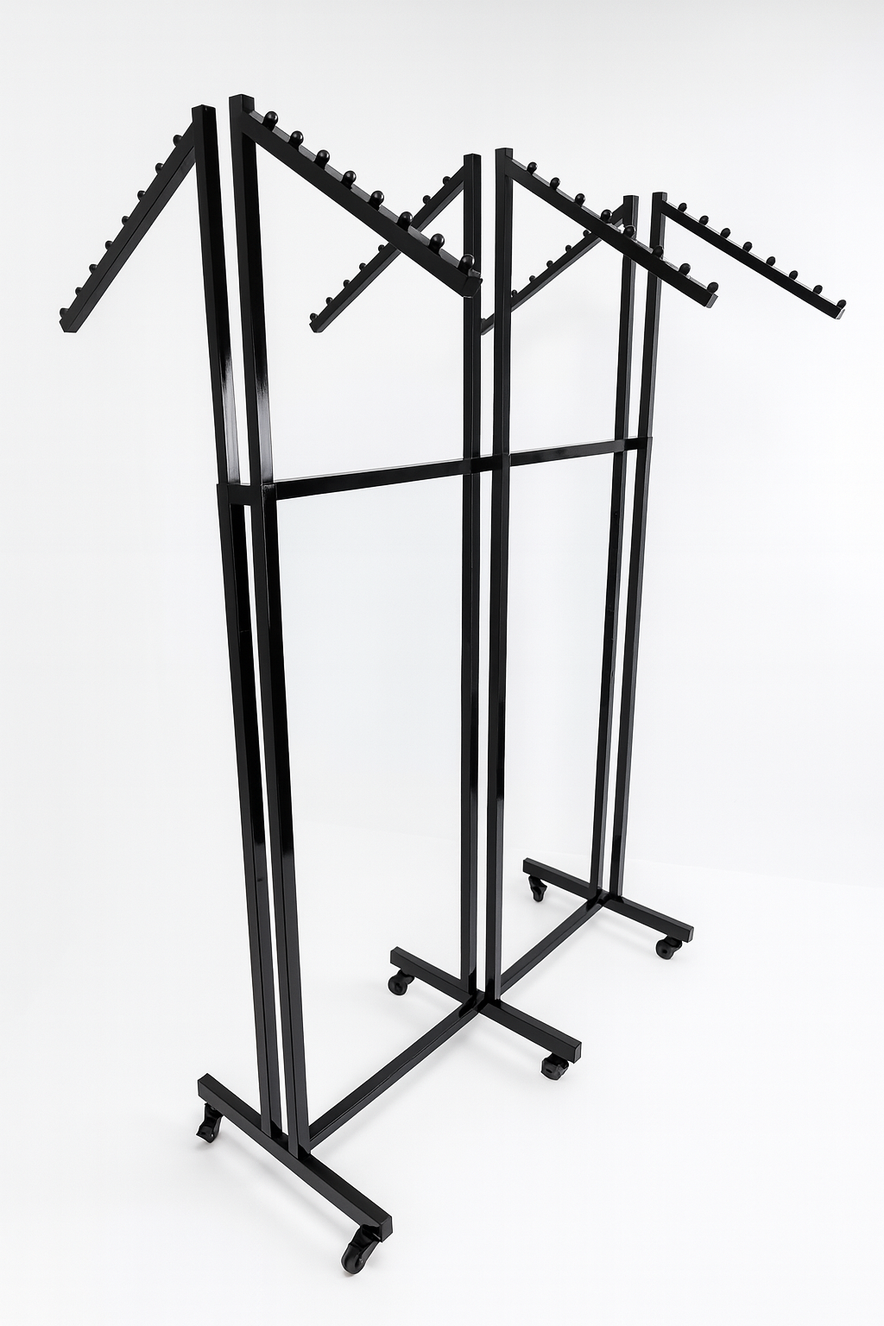 Heavy Duty 6-Way Waterfall Arm Clothing Rail – Adjustable Black Retail Display Stand  with Castors & Brakes
