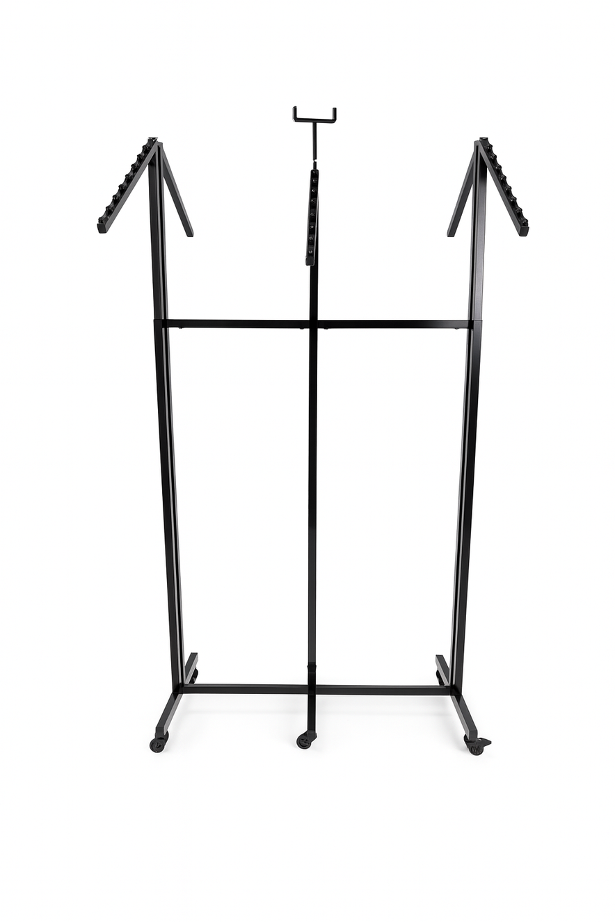 Heavy Duty 6-Way Waterfall Arm Clothing Rail – Adjustable Black Retail Display Stand  with Castors & Brakes