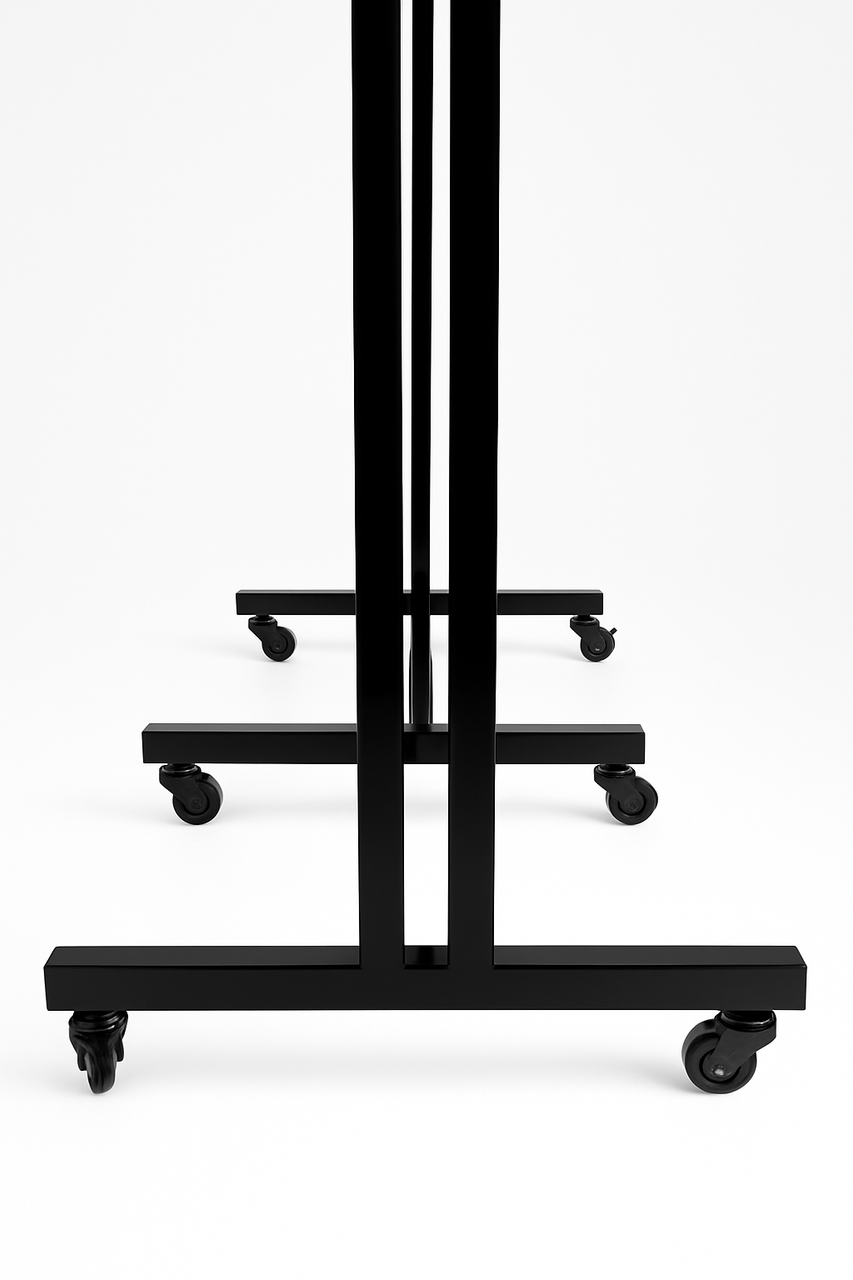 Heavy Duty 6-Way Step Arm Clothing Rail – Adjustable Black Retail Display Stand  with Castors & Brakes