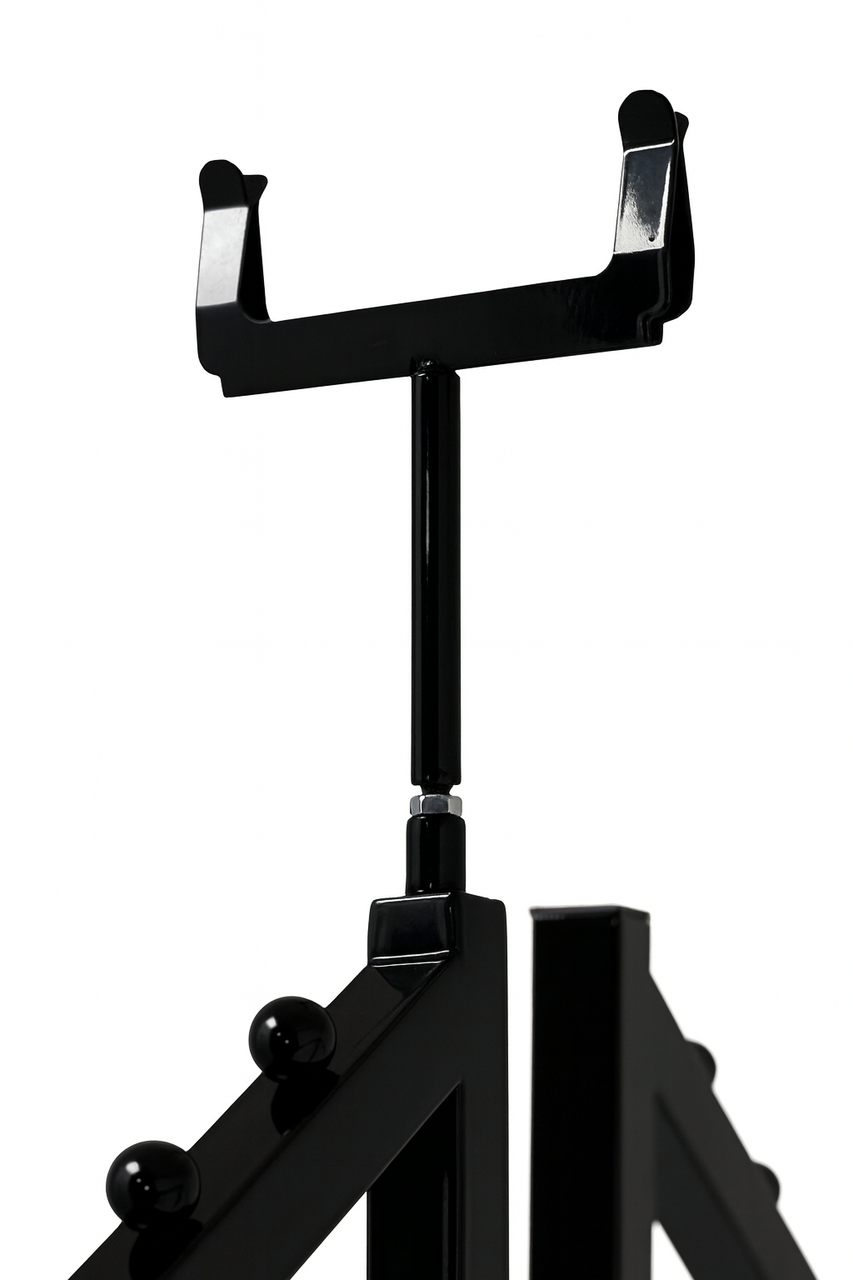 Heavy Duty 6-Way Step Arm Clothing Rail – Adjustable Black Retail Display Stand  with Castors & Brakes