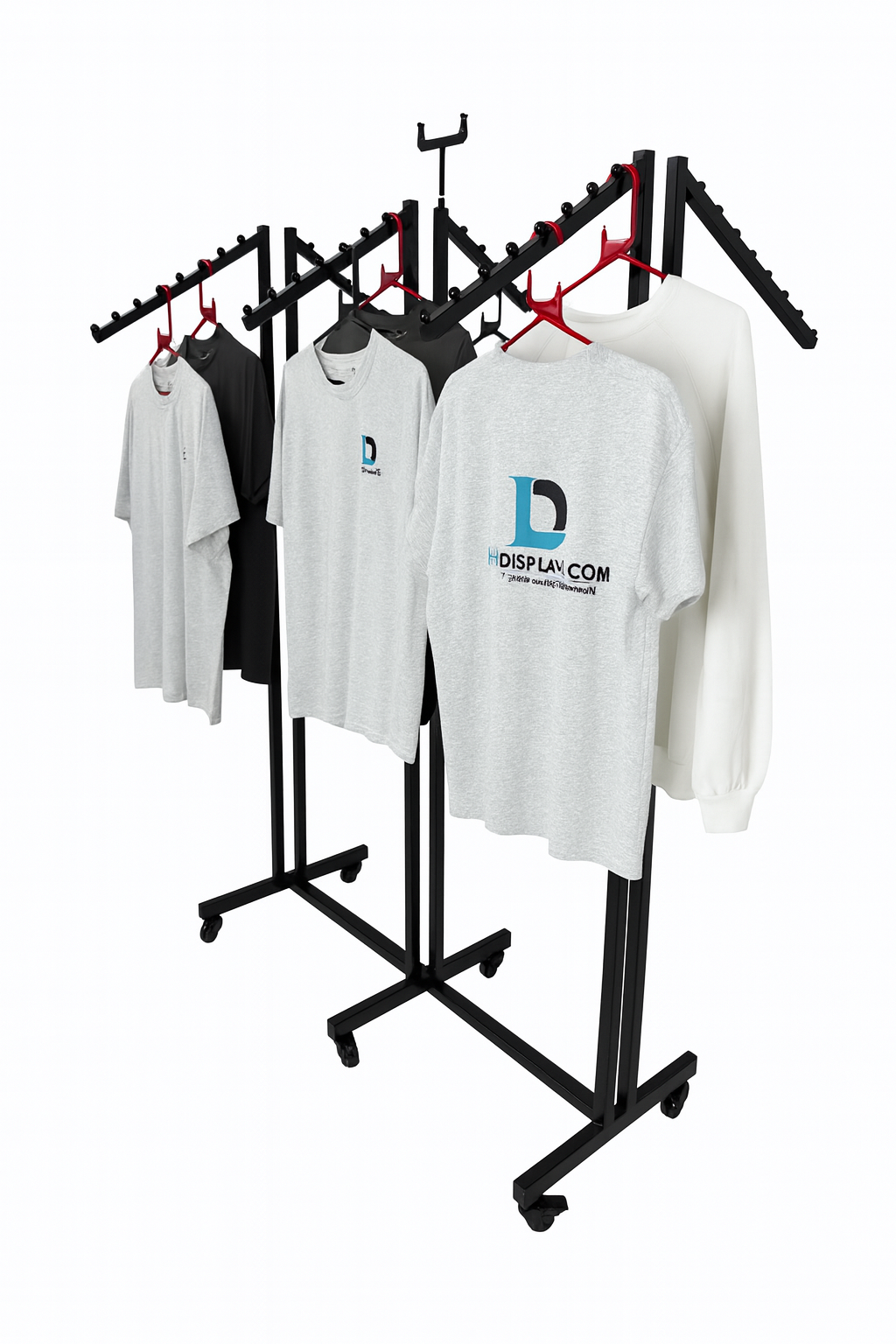 Heavy Duty 6-Way Waterfall Arm Clothing Rail – Adjustable Black Retail Display Stand  with Castors & Brakes