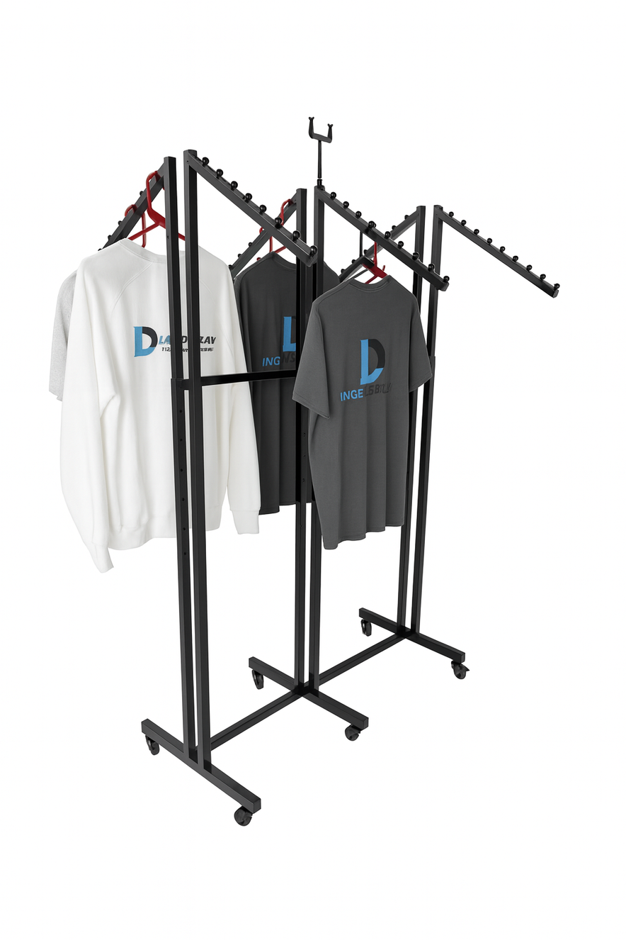Heavy Duty 6-Way Waterfall Arm Clothing Rail – Adjustable Black Retail Display Stand  with Castors & Brakes