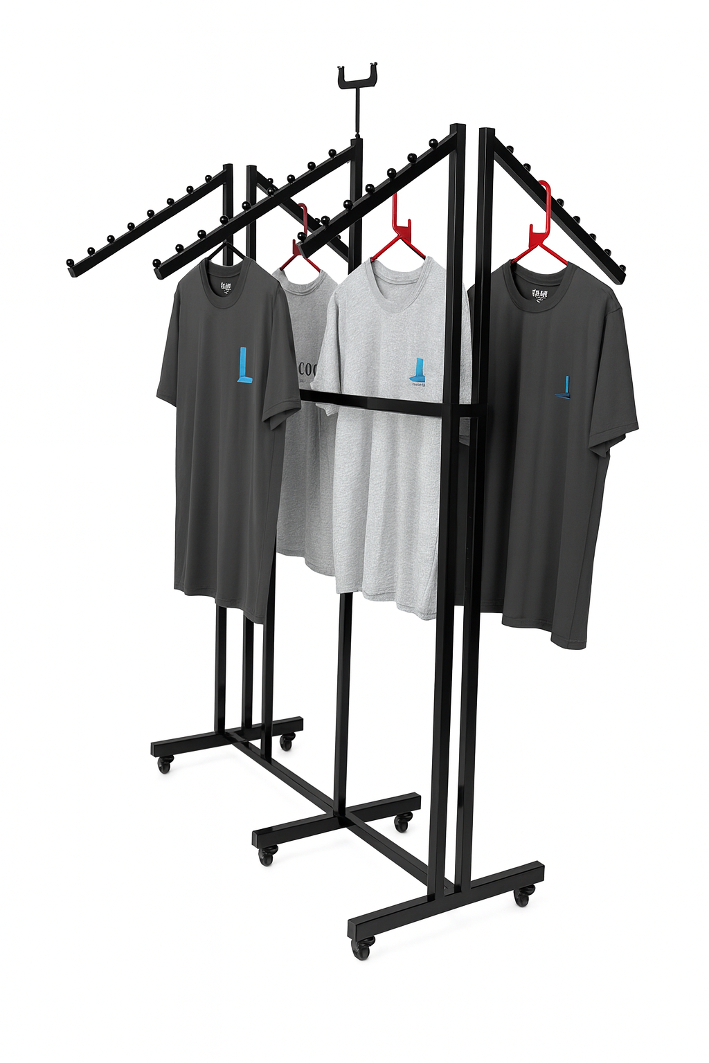 Heavy Duty 6-Way Waterfall Arm Clothing Rail – Adjustable Black Retail Display Stand  with Castors & Brakes