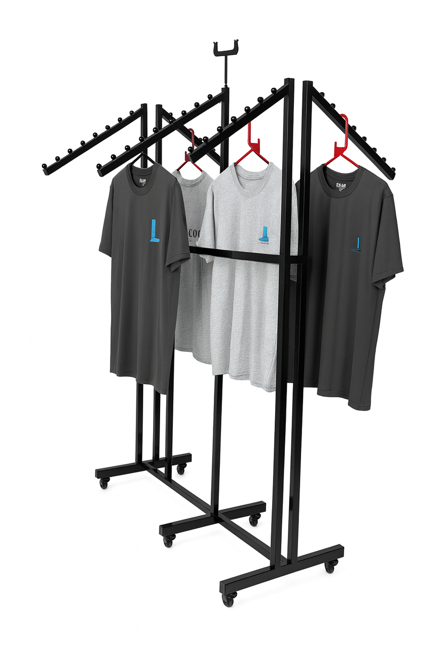 Heavy Duty 6-Way Waterfall Arm Clothing Rail – Adjustable Black Retail Display Stand  with Castors & Brakes