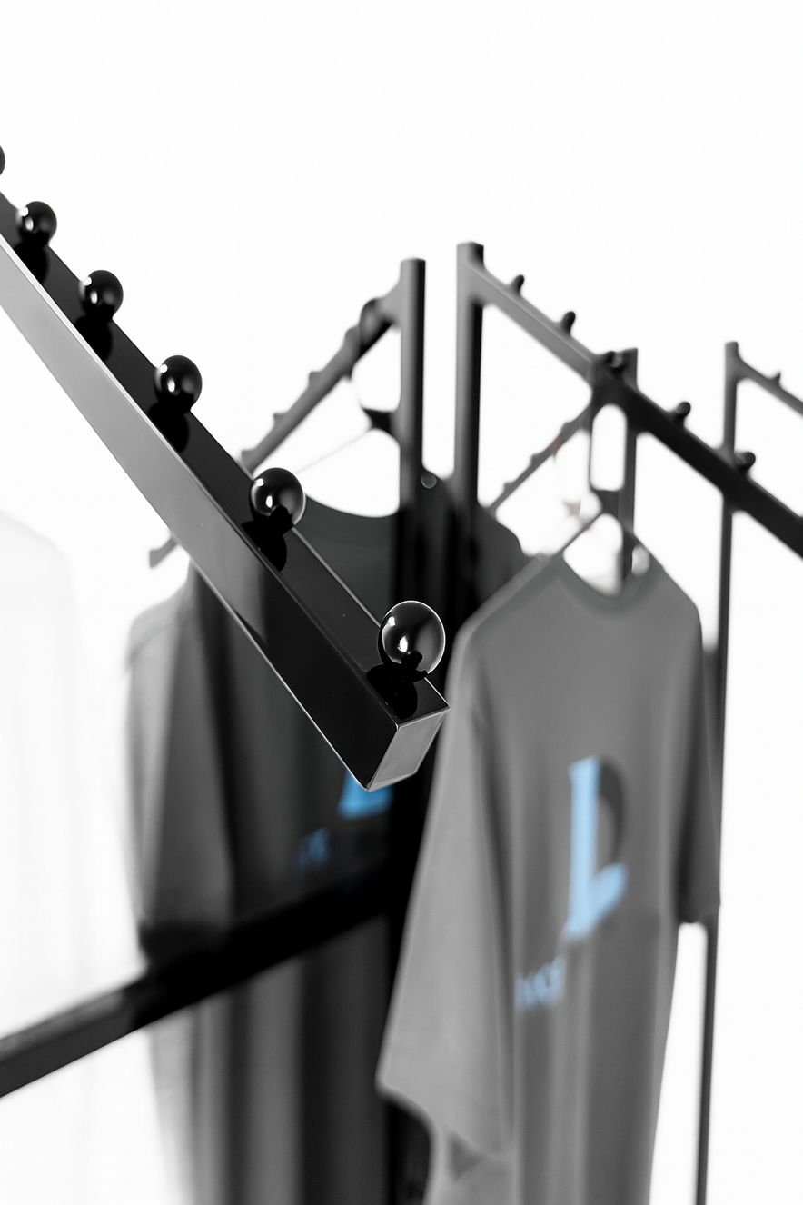 Heavy Duty 6-Way Waterfall Arm Clothing Rail – Adjustable Black Retail Display Stand  with Castors & Brakes