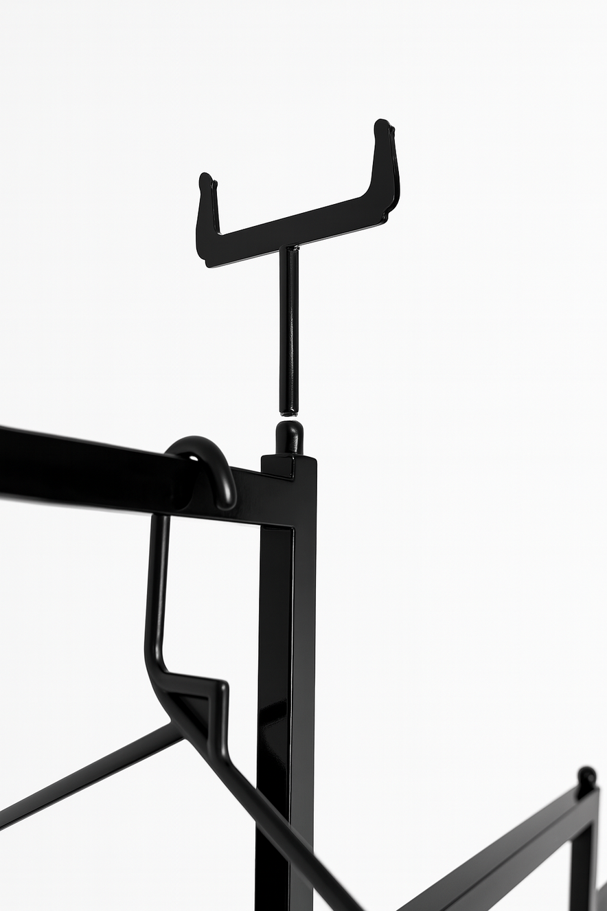 Heavy Duty 4-Way Straight Arm Clothing Rail – Adjustable Black Retail Display Stand  with Castors & Brakes