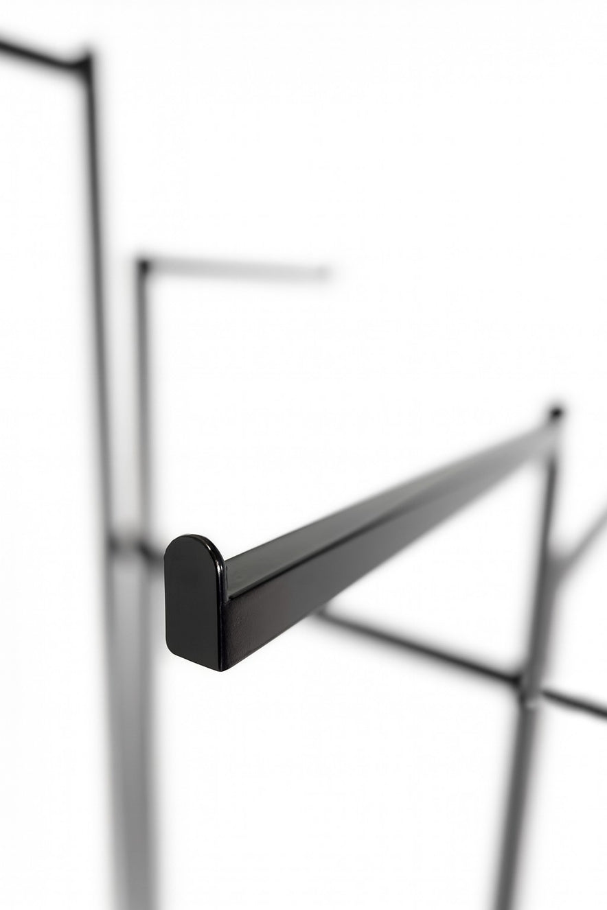 Heavy Duty 6-Way Straight Arm Clothing Rail – Adjustable Black Retail Display Stand with Castors & Brakes