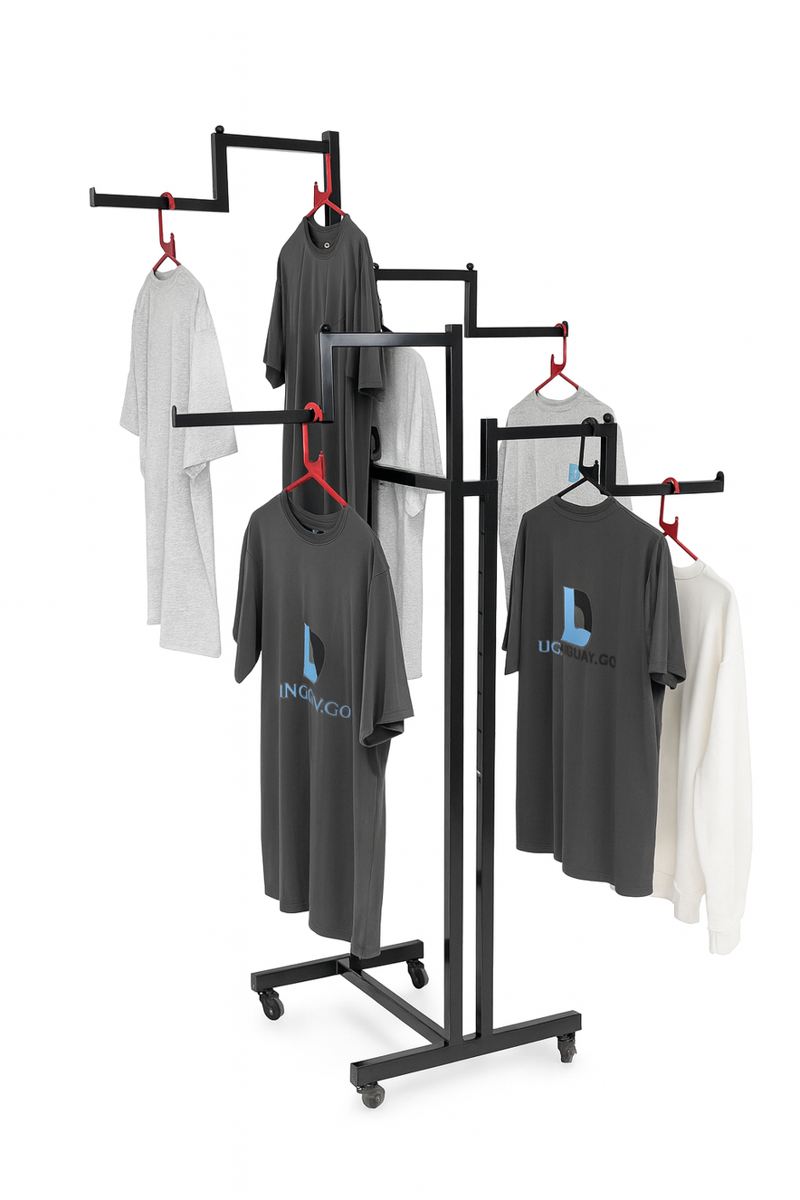 Heavy Duty 4-Way Step Arm Clothing Display Rail Stand –  Adjustable Black Retail Display Stand  with Castors & Brakes