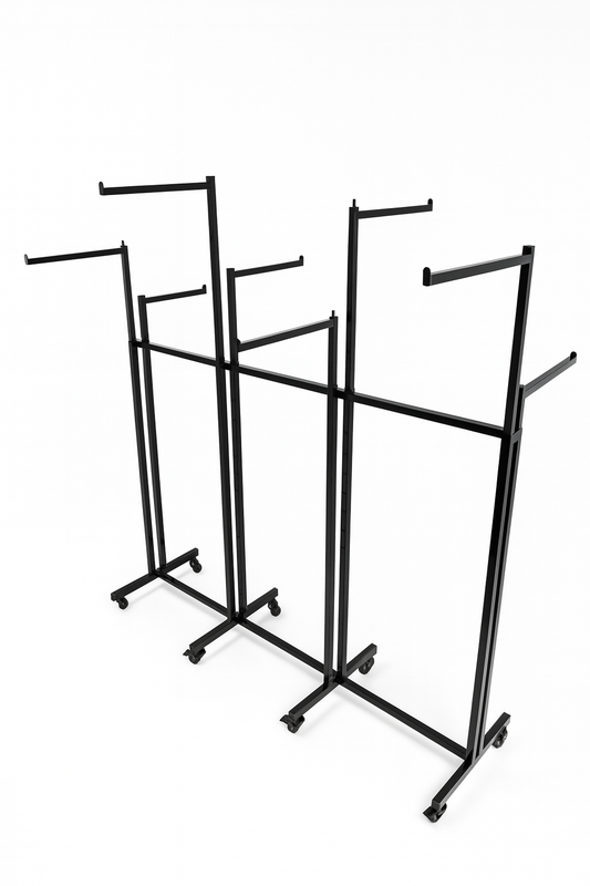 Heavy Duty 8-Way Straight Arm Clothing Rail – Adjustable Black Retail Display Stand  with Castors & Brakes