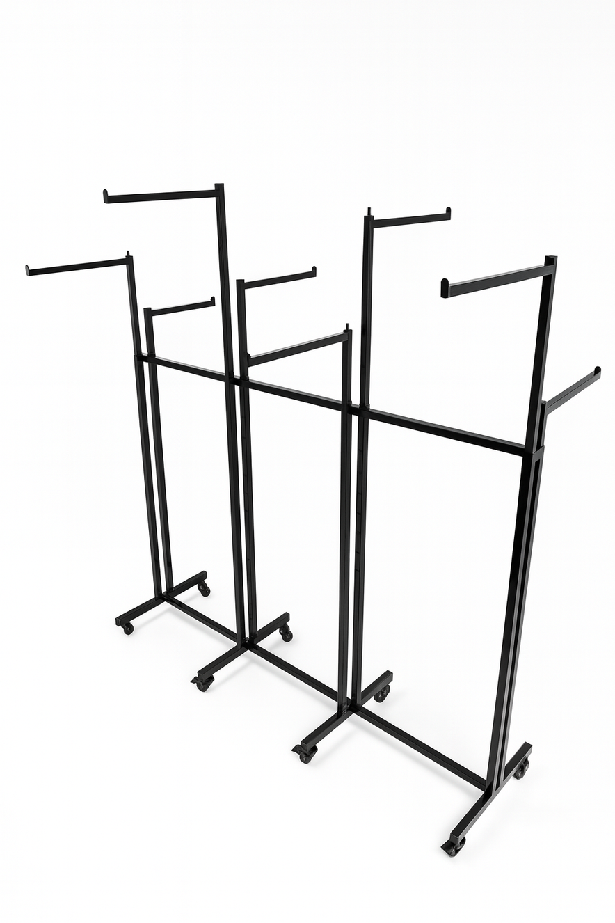 Heavy Duty 8-Way Straight Arm Clothing Rail – Adjustable Black Retail Display Stand  with Castors & Brakes