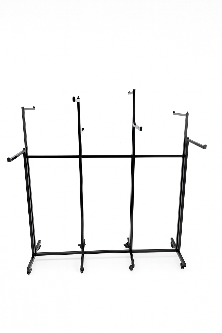 Heavy Duty 8-Way Straight Arm Clothing Rail – Adjustable Black Retail Display Stand  with Castors & Brakes