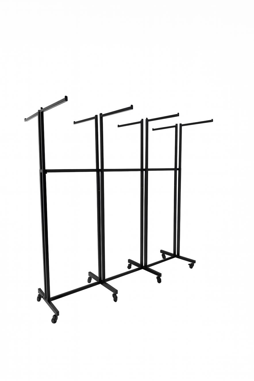 Heavy Duty 8-Way Straight Arm Clothing Rail – Adjustable Black Retail Display Stand  with Castors & Brakes