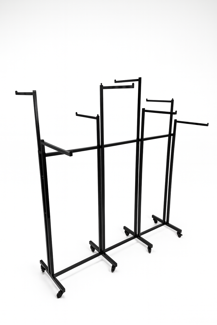 Heavy Duty 8-Way Straight Arm Clothing Rail – Adjustable Black Retail Display Stand  with Castors & Brakes