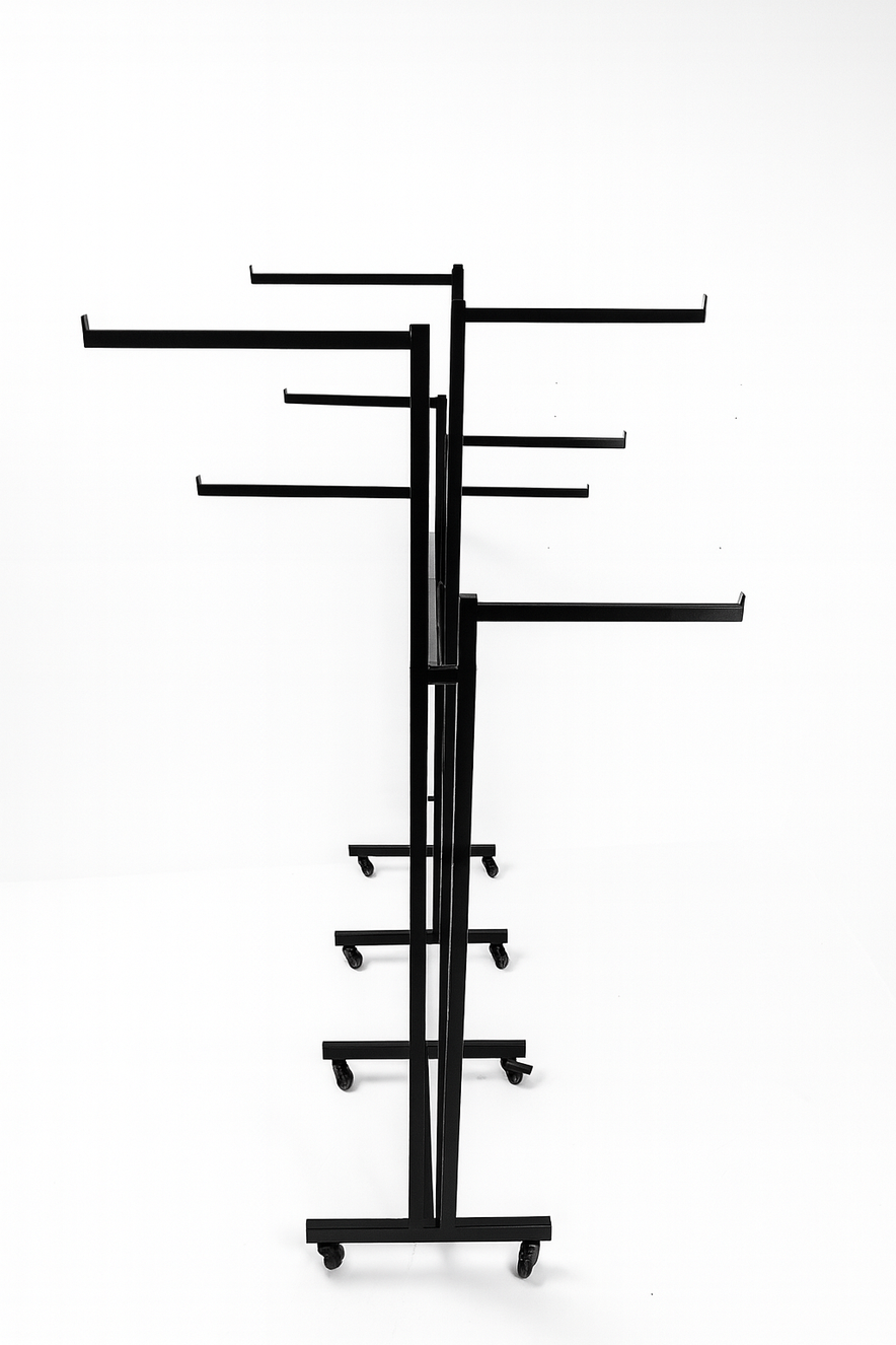 Heavy Duty 8-Way Straight Arm Clothing Rail – Adjustable Black Retail Display Stand  with Castors & Brakes