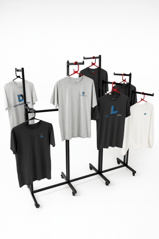 Heavy Duty 8-Way Straight Arm Clothing Rail – Adjustable Black Retail Display Stand  with Castors & Brakes
