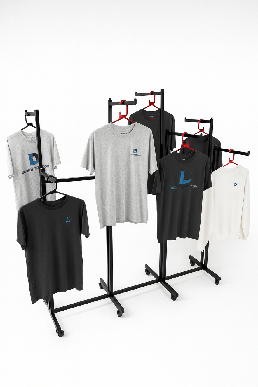 Heavy Duty 8-Way Straight Arm Clothing Rail – Adjustable Black Retail Display Stand  with Castors & Brakes