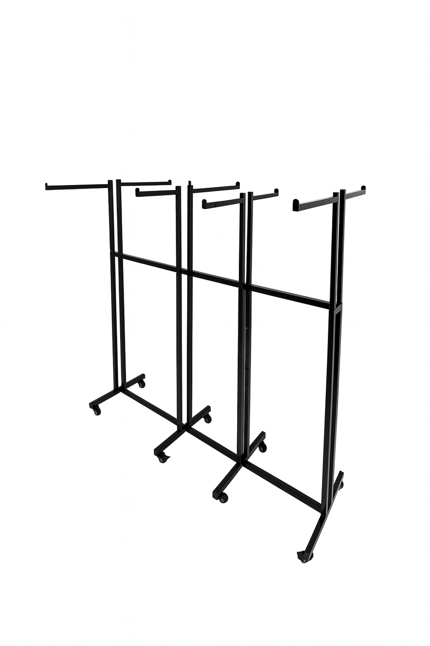 Heavy Duty 8-Way Straight Arm Clothing Rail – Adjustable Black Retail Display Stand  with Castors & Brakes