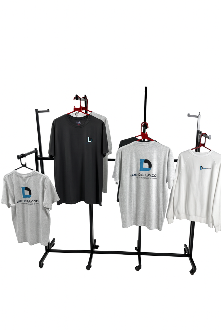 Heavy Duty 8-Way Straight Arm Clothing Rail – Adjustable Black Retail Display Stand  with Castors & Brakes