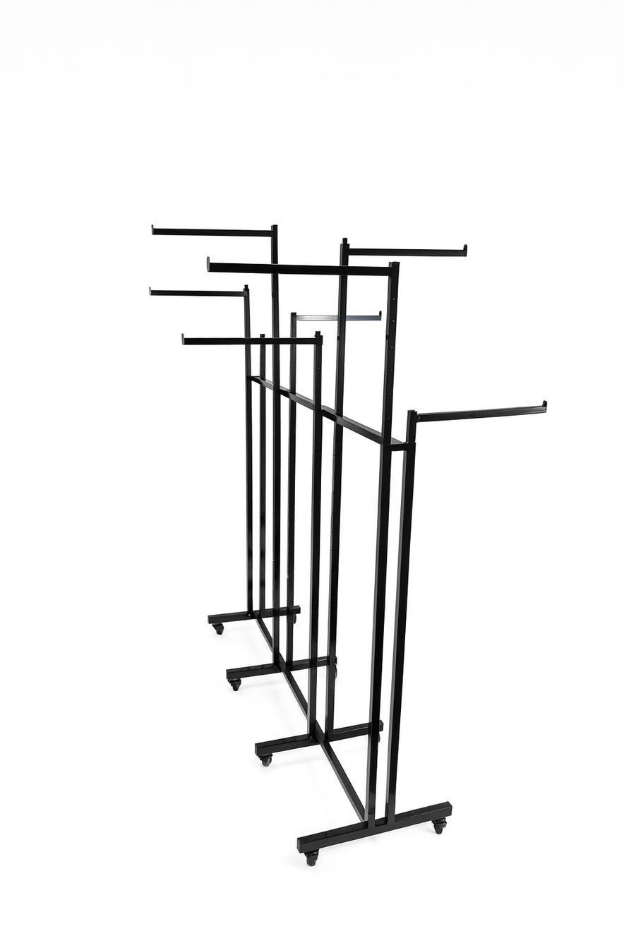 Heavy Duty 8-Way Straight Arm Clothing Rail – Adjustable Black Retail Display Stand  with Castors & Brakes