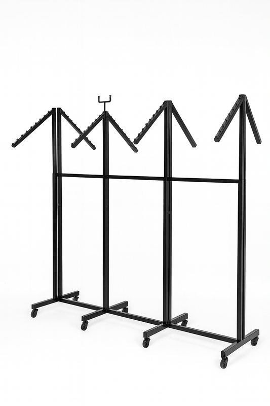 Heavy Duty 8-Way Waterfall Arm Clothing Rail - Adjustable Black Retail Display Stand  with Castors & Brakes