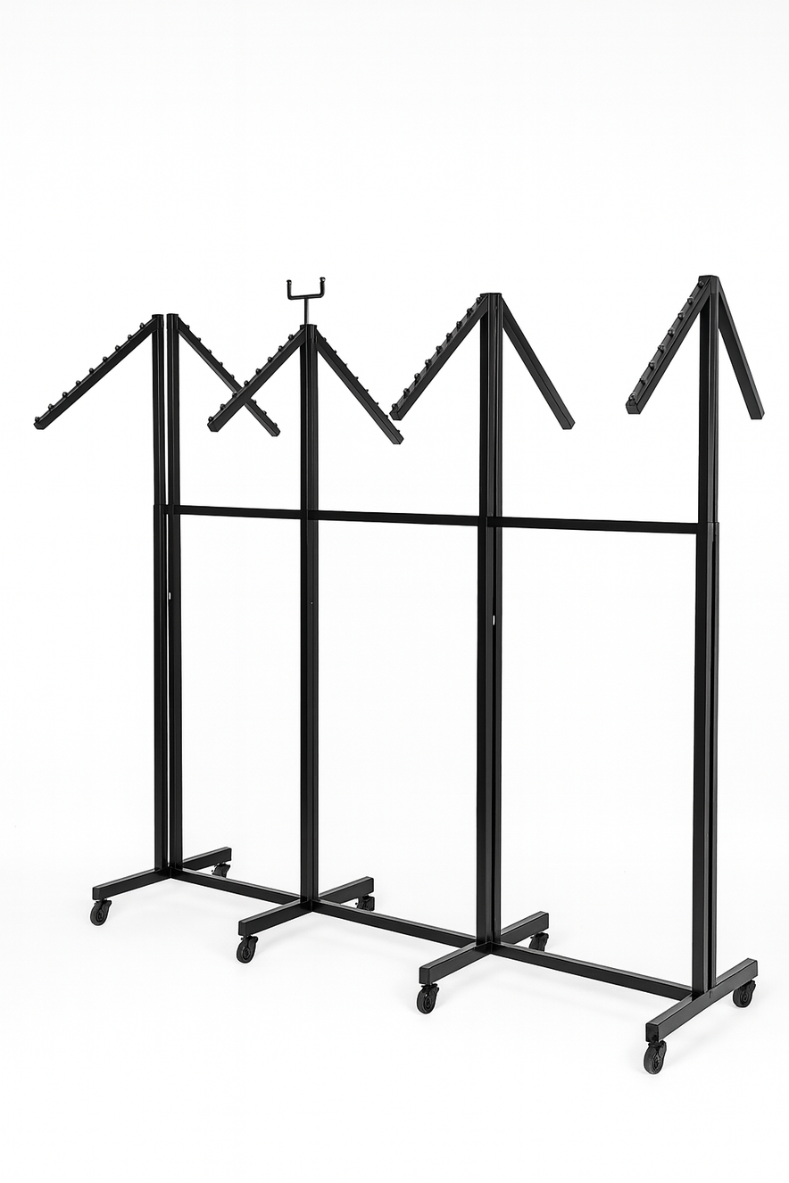 Heavy Duty 8-Way Waterfall Arm Clothing Rail - Adjustable Black Retail Display Stand  with Castors & Brakes