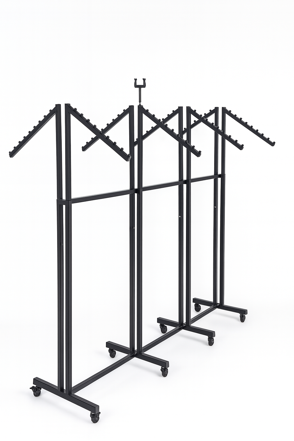 Heavy Duty 8-Way Waterfall Arm Clothing Rail - Adjustable Black Retail Display Stand  with Castors & Brakes