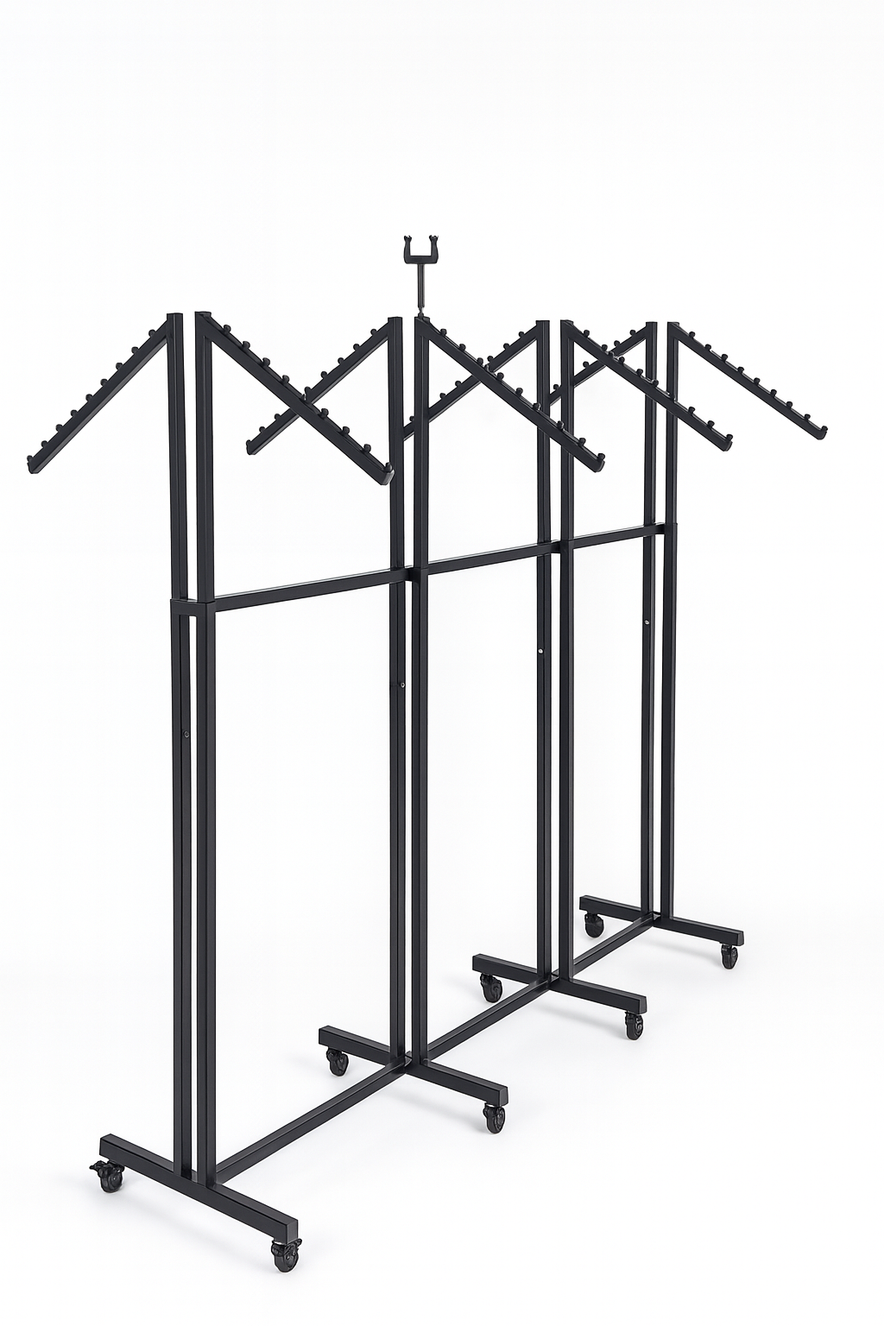 Heavy Duty 8-Way Waterfall Arm Clothing Rail - Adjustable Black Retail Display Stand  with Castors & Brakes