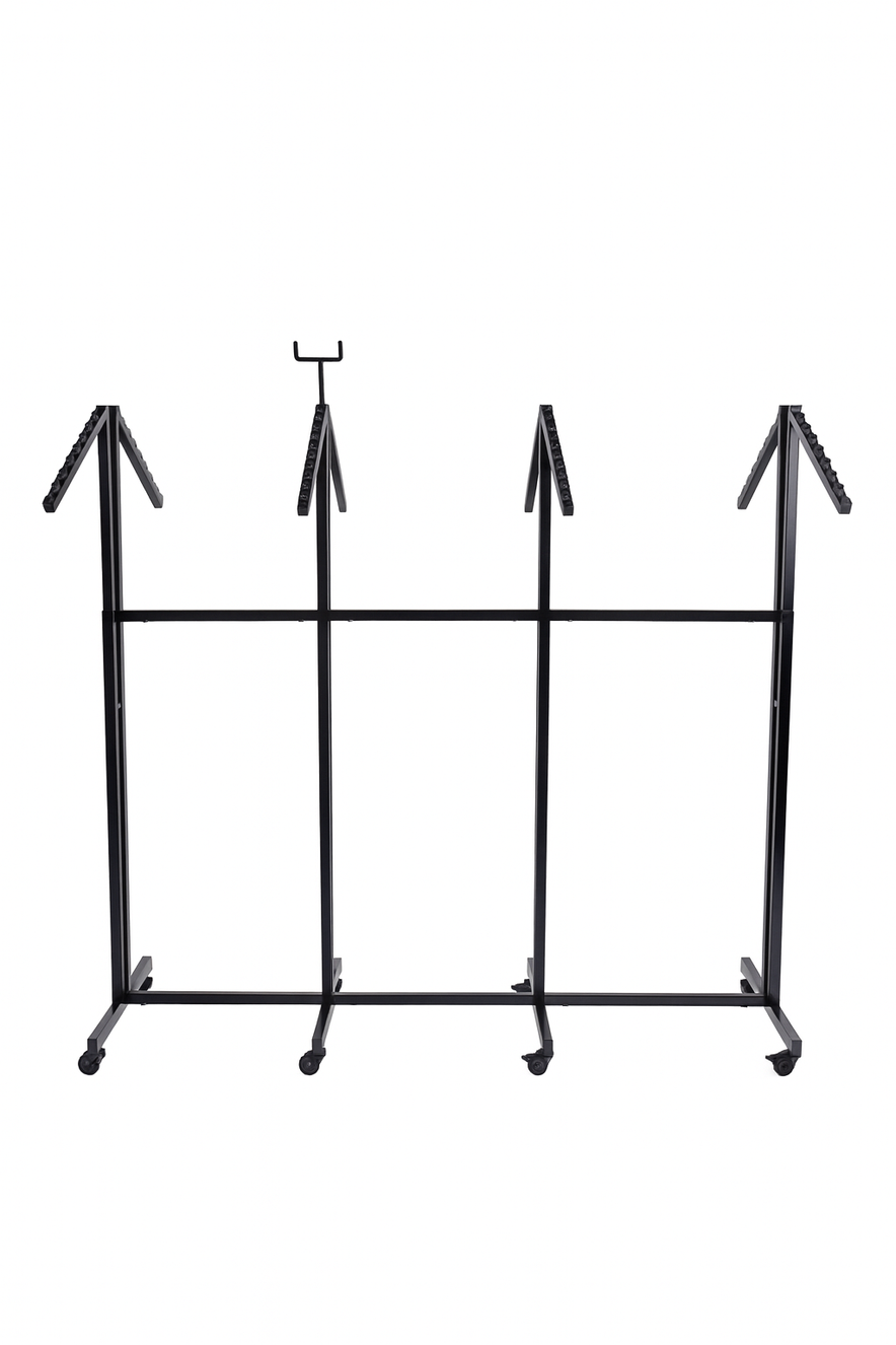 Heavy Duty 8-Way Waterfall Arm Clothing Rail - Adjustable Black Retail Display Stand  with Castors & Brakes