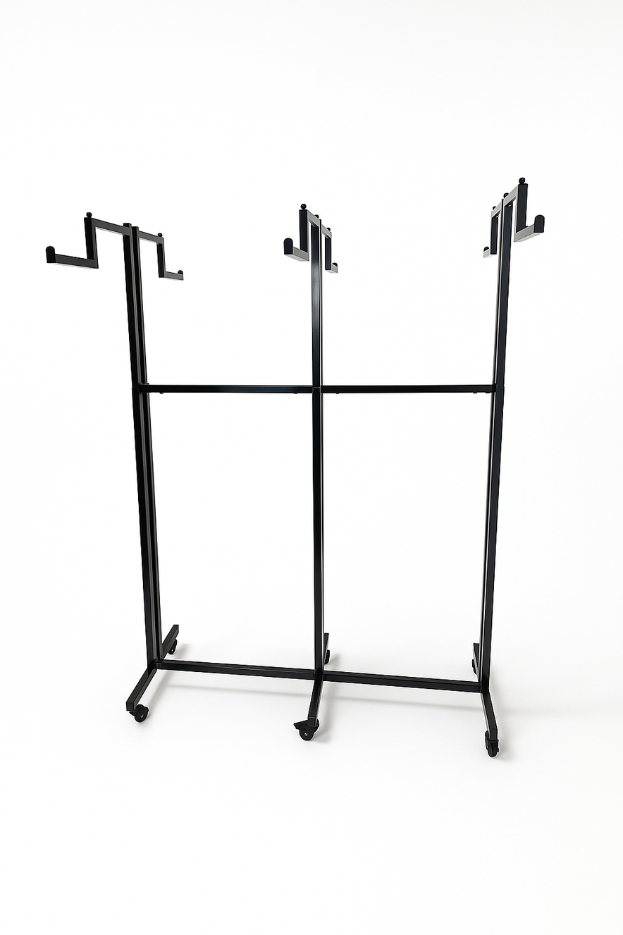 Heavy Duty 6-Way Step Arm Clothing Rail – Adjustable Black Retail Display Stand  with Castors & Brakes