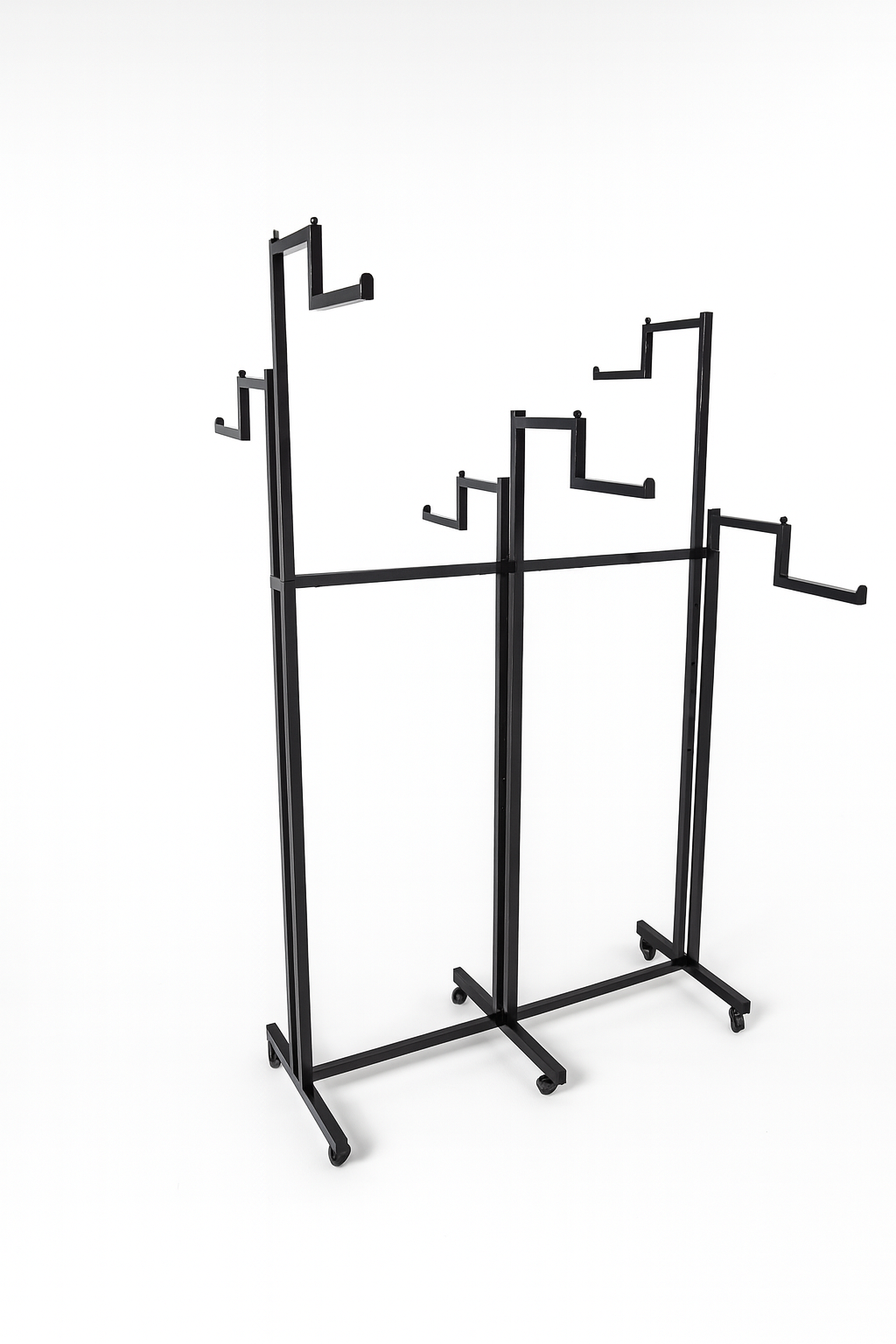 Heavy Duty 6-Way Step Arm Clothing Rail – Adjustable Black Retail Display Stand  with Castors & Brakes