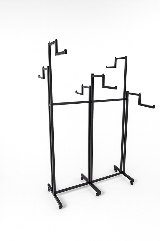 Heavy Duty 6-Way Step Arm Clothing Rail – Adjustable Black Retail Display Stand  with Castors & Brakes