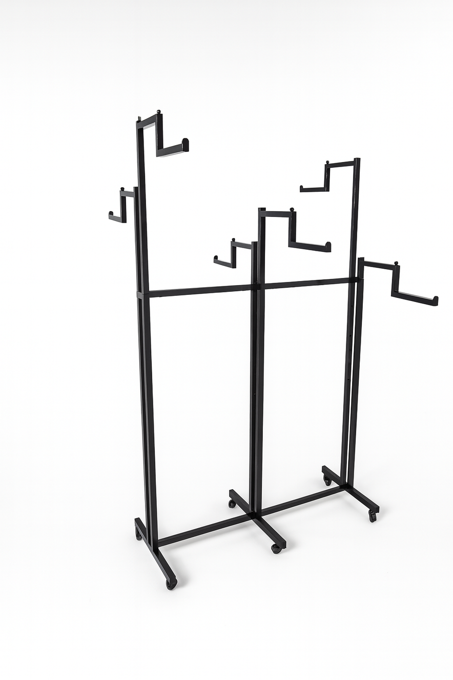 Heavy Duty 6-Way Step Arm Clothing Rail – Adjustable Black Retail Display Stand  with Castors & Brakes