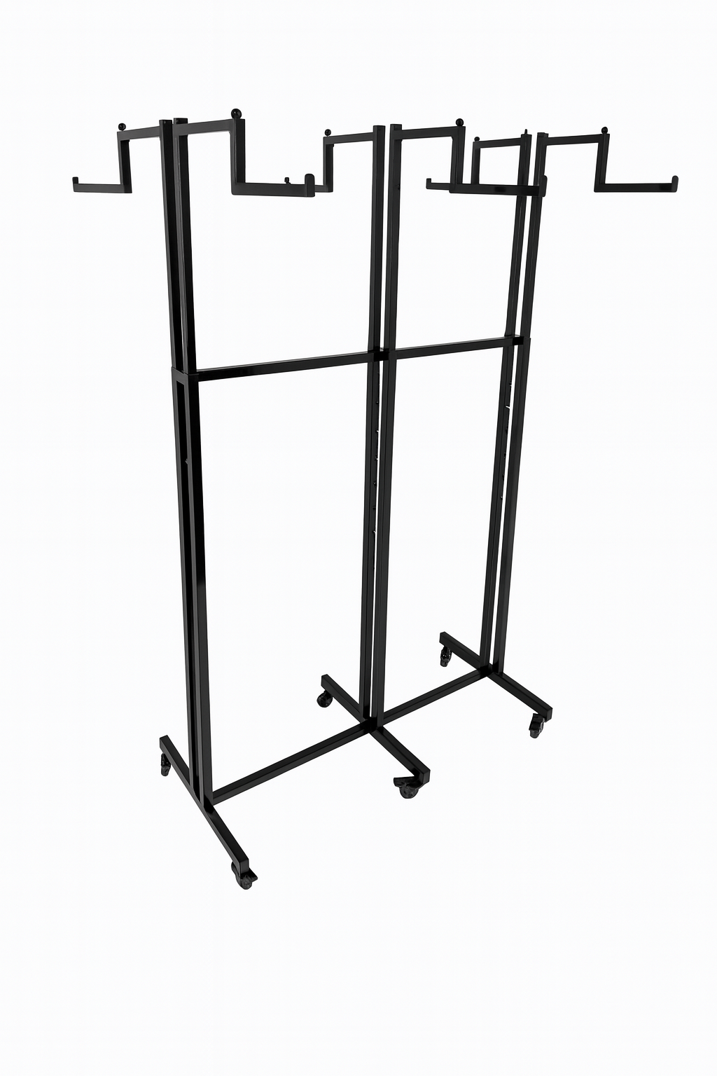 Heavy Duty 6-Way Step Arm Clothing Rail – Adjustable Black Retail Display Stand  with Castors & Brakes