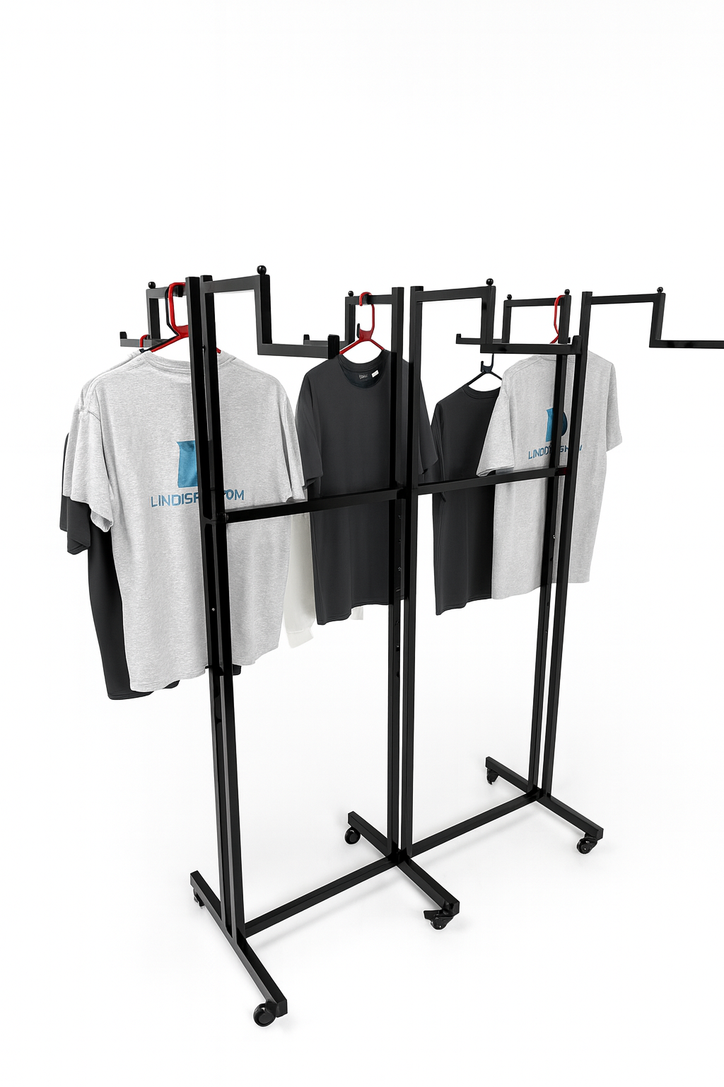 Heavy Duty 6-Way Step Arm Clothing Rail – Adjustable Black Retail Display Stand  with Castors & Brakes