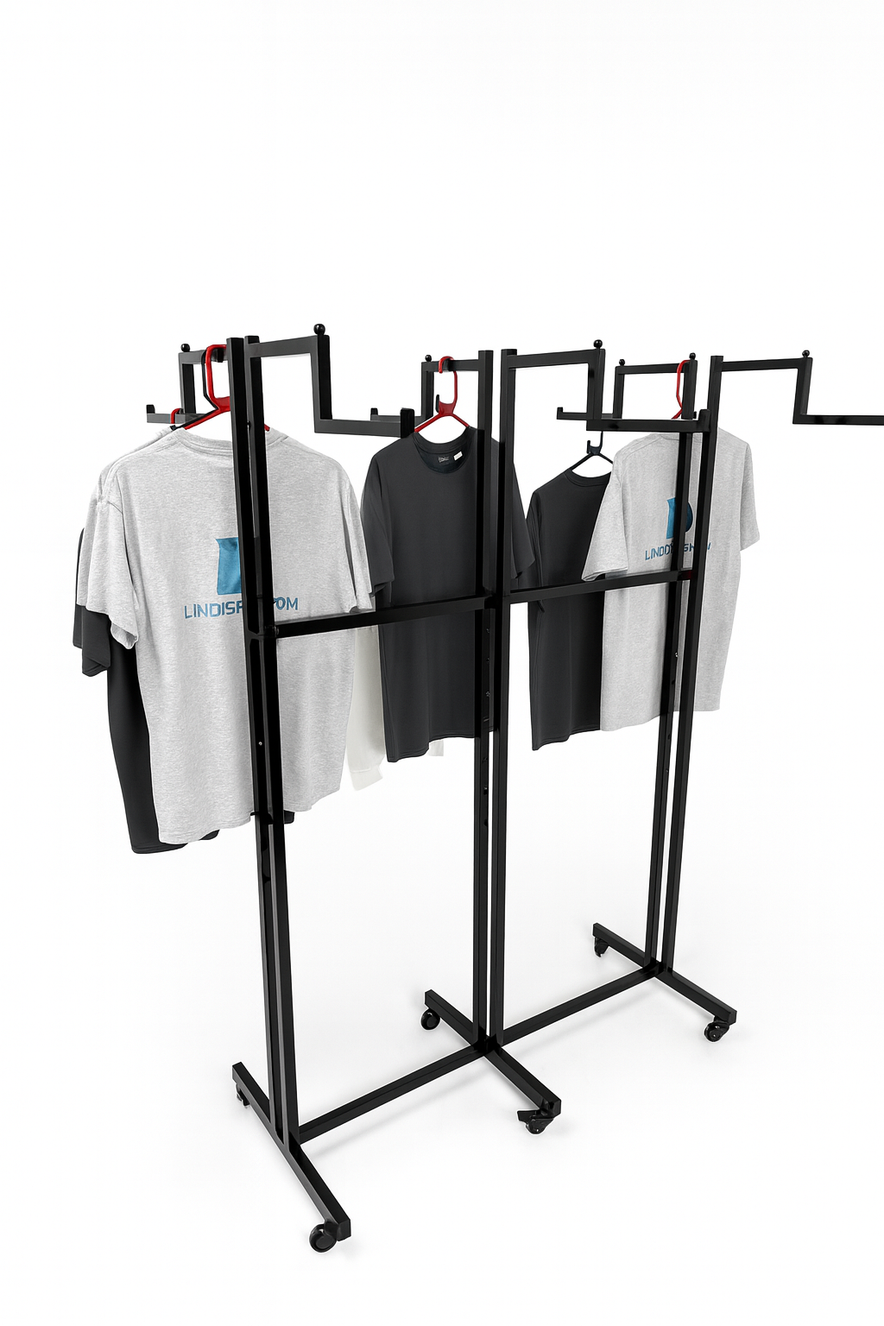 Heavy Duty 6-Way Step Arm Clothing Rail – Adjustable Black Retail Display Stand  with Castors & Brakes