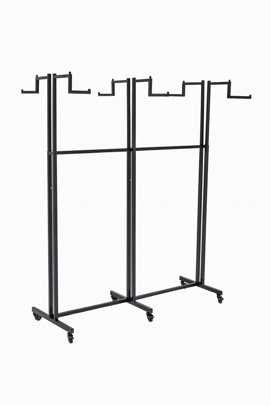 Heavy Duty 6-Way Step Arm Clothing Rail – Adjustable Black Retail Display Stand  with Castors & Brakes