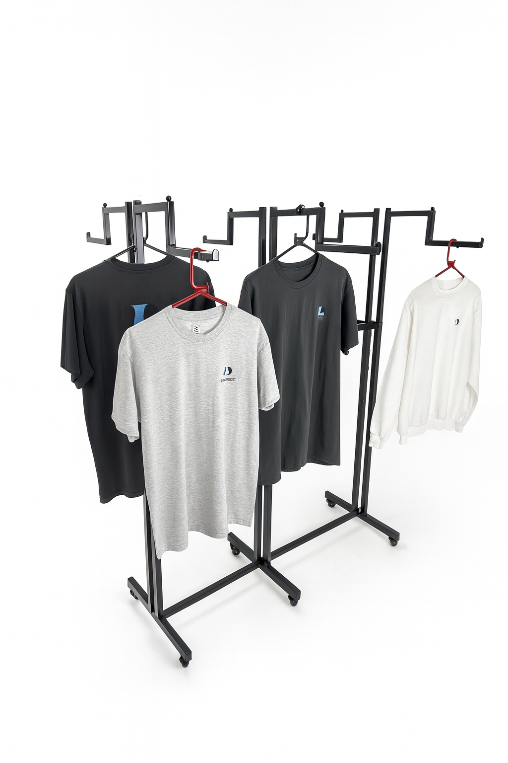 Heavy Duty 8-Way Step Arm Clothing Rail – Adjustable Black Retail Display Stand  with Castors & Brakes