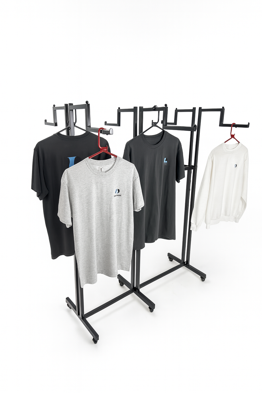 Heavy Duty 8-Way Step Arm Clothing Rail – Adjustable Black Retail Display Stand  with Castors & Brakes