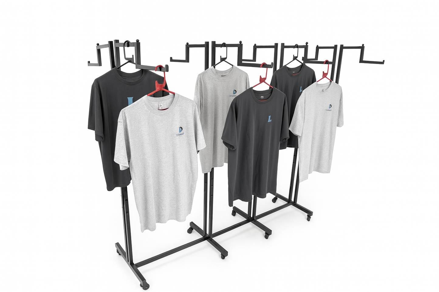 Heavy Duty 8-Way Step Arm Clothing Rail – Adjustable Black Retail Display Stand  with Castors & Brakes
